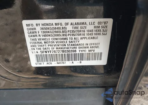 2007 Honda Pilot Ex-L из США, поврежденный, VIN 5FNYF28727B030398